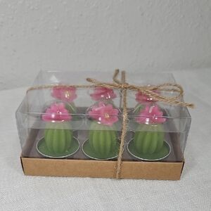 NIB Set of 6 Cactus Tealight Candles with Pink Flowers No Brand